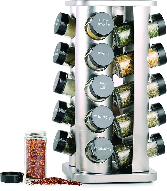 20 Jar Rotating Spice Rack with Spices Included & 5-Year Free Spice Refill Program – Stainless Steel Countertop Spice Rack with 3 oz Glass Jars | 5-Year Free Spice Refill Program, Stainless Steel Countertop, 3 oz Glass Jars by Orii