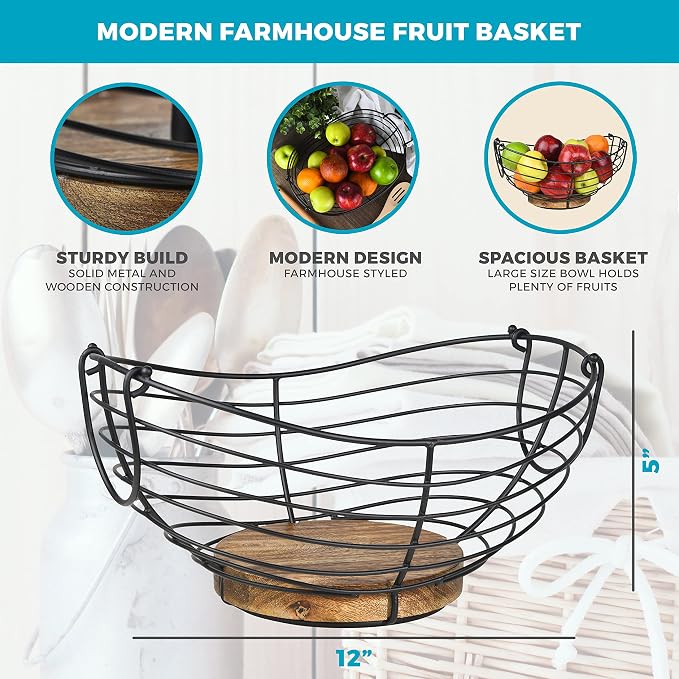 Modern Farmhouse Fruit Basket for Kitchen Counter, Vintage Wire and Wooden Base Fruit Bowl for Kitchen Decor, Fruit & Vegetables Storage Basket/Bowl - Image 3