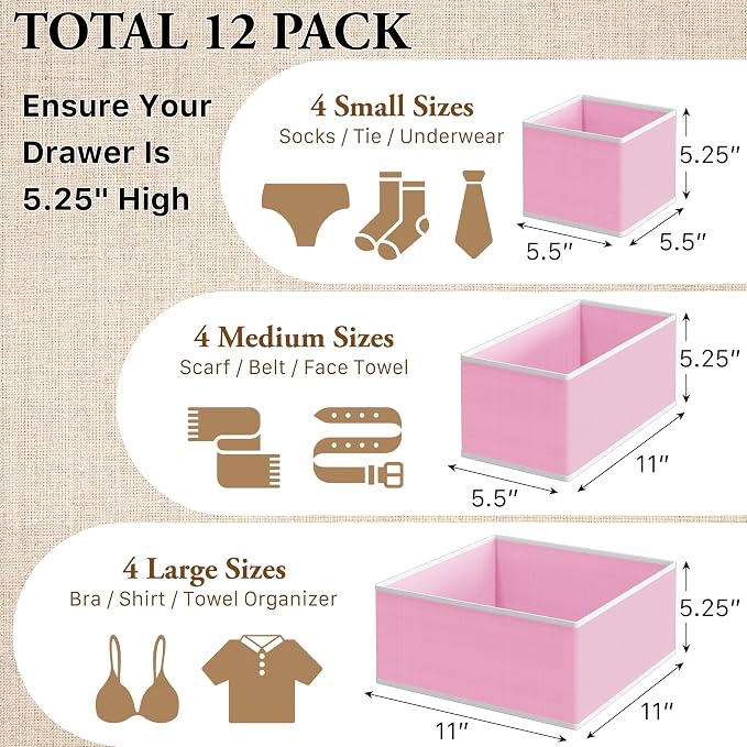 Simple Houseware Foldable Drawer Organizer Stocking Bin, Set of 12, Pink | Fabric Storage Bins for Clothes, Underwear, Bra, Panty, Socks, Onesies – Closet & Dresser Dividers for Home - Image 2