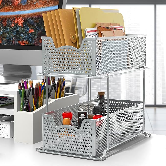 SIMPLE HOUSEWARE 2 Tier Sliding Cabinet Basket Organizer Drawer, Silver - Image 2