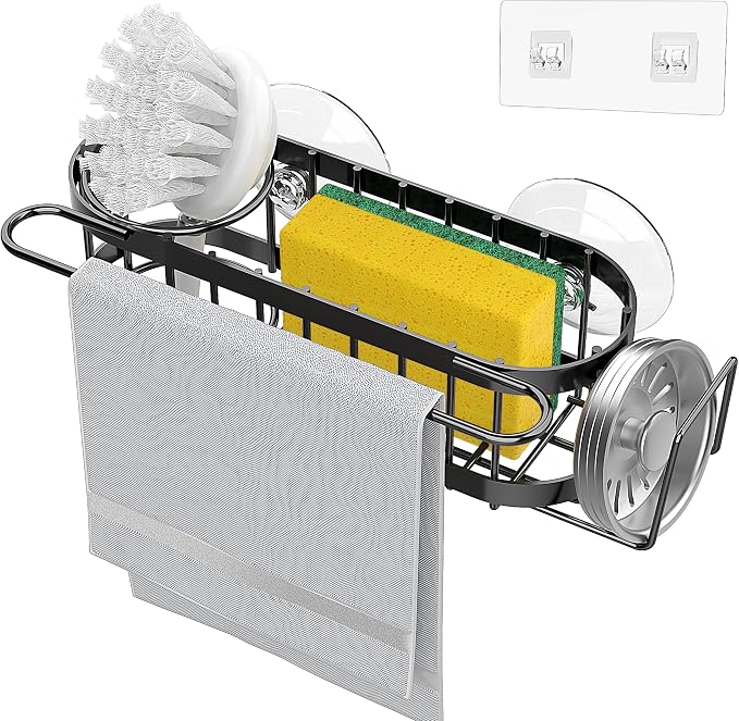 Cisily Kitchen Sponge Holder for Kitchen Sink with 2 Suction Cups/1 Adhesive Strips, Stainless Steel Kitchen Caddy Sink Organizer, Brush Holder, Dish Cloth Hanger, Sink Stopper Holder (Black) - Image 4