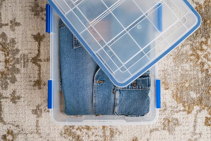 IRIS USA 3-Pack 26.5 Qt Storage Bins with Gasket Lids, Clear/Blue | WeatherPro seal protects everyday essentials in closets, offices and laundry rooms - Image 5