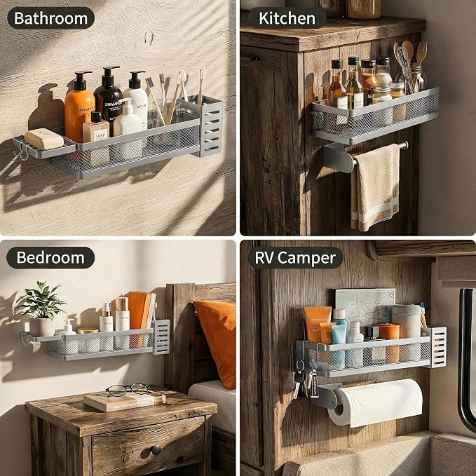 PUSDON 5-in-1 Wide Wall Mount Wrapped Mesh Kitchen Organizer & Shower Caddy Kit, with Paper Towel Holder, Utensil Holder, Soap Dish, Heavy Duty 50LBS - Silver Gray, Netting - Image 7