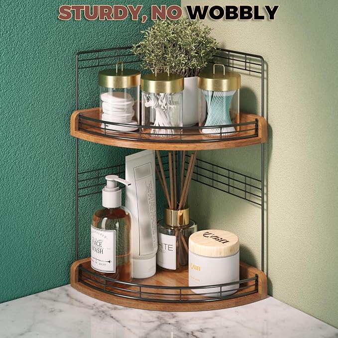 Bathroom Countertop Corner Organizer for Small Spaces, 2-Tier Counter Shelf | Oak Wood & Iron, Fan-Shaped Counter Shelf for Sink & Vanity Corners, Skincare, Toiletries, Compact Vertical Storage, Walnut - Image 6