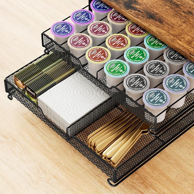 Plaviya Coffee Bar Organizer Coffee Station K Cup Holder for Countertop | 30 Coffee Pods Organizer, Mug Holder with 12 Hooks, 2 Drawers, Multifunctional, Kitchen, Dining Room, Office, Rustic Brown - Image 4