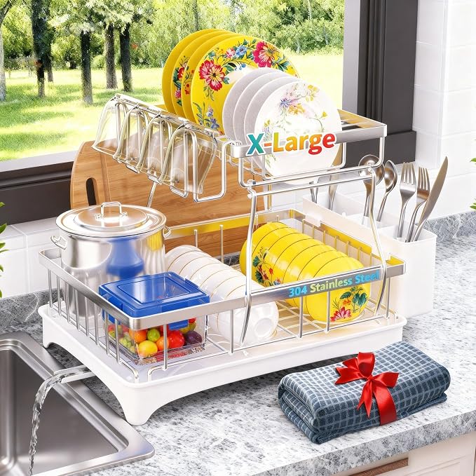 2-Tier Dish Drying Rack - 304 Stainless Steel Dish Rack Auto Drain | Dish Racks for Kitchen Counter, Dish Drainer with Knife Fork & Cup Rack, Gifts for Women, Mothers Day, Kitchen Gadget, Silver by Godboat