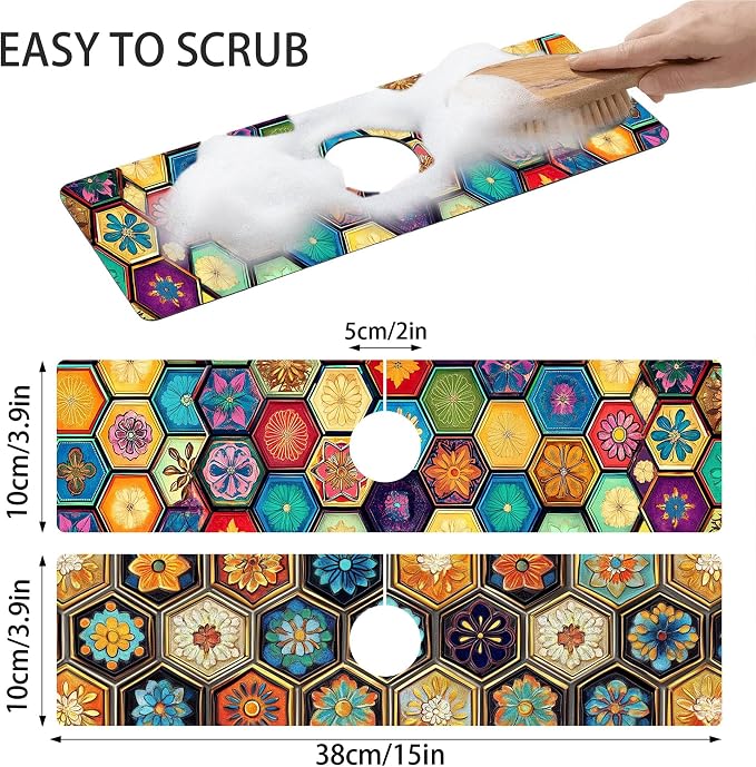 Bimkole 2 PCS Faucet Absorbent Mat, Kitchen Faucet Sink Splash Guard Wraparound Cloth Pads Drip Catcher for Sink Faucet for Kitchen Bathroom Faucet, Colorful Faucet Mat, 15 x 4 Inch Flower A7 - Image 2