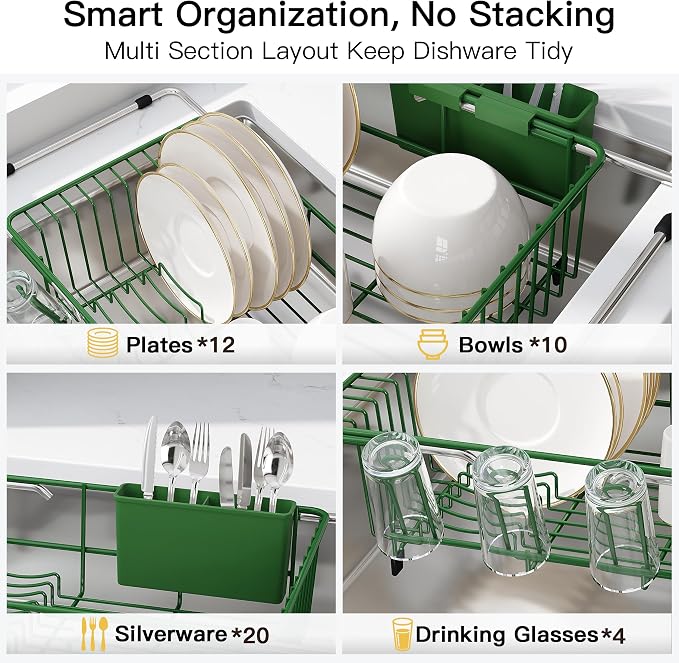 JASIWAY Green Dish Drying Rack in Sink, Dish Drainer with Utensil Holder | Over The Sink Expandable Stainless Steel Strainer Dryer Rack for Small Kitchen, Counter Space Saving, Fast Drain, Rustproof - Image 7