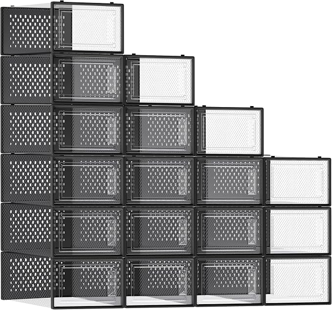 SONGMICS Shoe Boxes, Pack of 18 Shoe Storage Organizers, Stackable Clear Plastic Boxes for Closet, Sneakers, 13.1 x 9.1 x 5.6 Inches, Transparent and Black ULSP18SBKV1 by Unknown