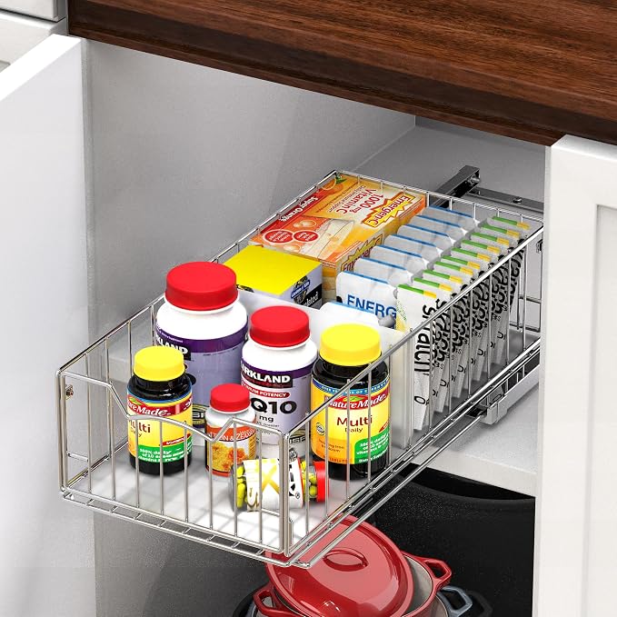 Simple Houseware Pull-Out Cabinet Sliding Basket, 17.2Dx9.7Wx5H, Chrome | Ideal for Kitchen and Bathroom Cabinet Storage Organizer, Under Sink or Pantry Organization - Image 7