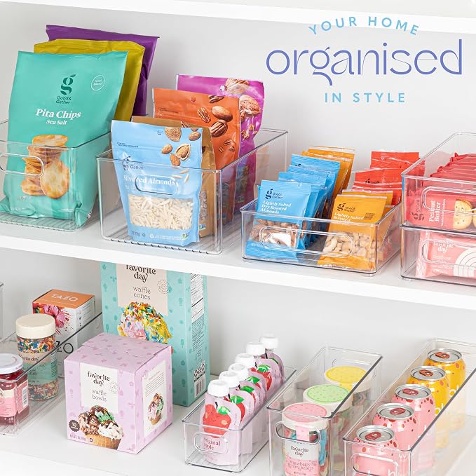 Plastic Food Storage 4 Pack Clear Container Bin with Handles for Organizing Kitchen, Pantry, Refrigerator, Freezer, Pantry, Cabinet, Closet, Bathroom. Stackable 10”x8”x3” - Image 7