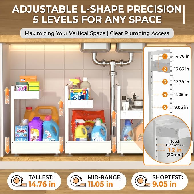 Under Sink Organizer 2 Pack, 2-Tier Metal Slide-Out, Height Adjustable | 2-pack pull-out under sink shelf, 2-tier cream white metal, adjustable height, fits U-pipes, 50lbs hold - Image 3