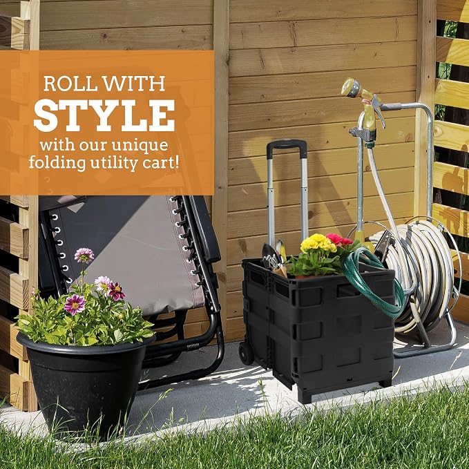 Inspired Living Ultra-Slim Rolling Collapsible Storage Pack-N-Roll Utility-carts, with Telescopic Handle, for Home, Garden, Shopping, Office, School use, Medium, Black - Image 7