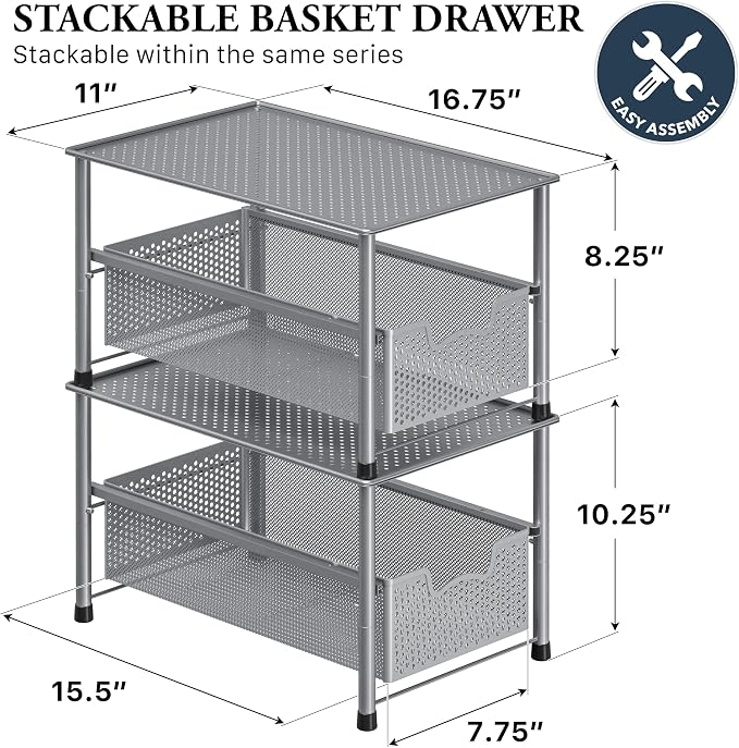 Simple Houseware Stackable Under Sink Sliding Basket Drawer, Silver | Perforated Free Standing Organizer, Kitchen/Pantry/Cabinet/Counter - Image 2