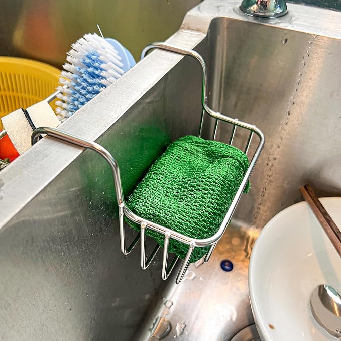 BuleVina Stainless Steel Sponge Holder for Kitchen Sink - Never Rust Hanging Saddle Double for Soap Kitchen Sink Caddy 2.2 inch, Rustproof Organizer for Dishwashing and Brush Drying - Image 7