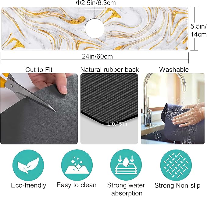 Kitchen Sink Splash Guard Faucet Mat Super Absorbent Fast Drying Mat Sink Gadgets Splash Guard Behind Faucet Drip Catcher for Kitchen (Marbling, 23.5x5.5in) - Image 5