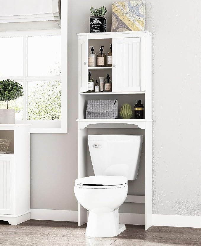 Spirich Over The Toilet Storage Cabinet with Doors, Bathroom Organizer | White, Adjustable Shelf, Anti-Tip Fitting, FSC-Certified MDF, Beadboard Design, 33.3" Toilet Clearance, Adjustable Crossbar - Image 7