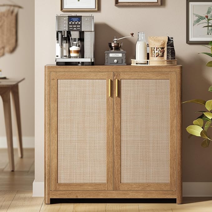 VASAGLE ELLAN Collection - Boho Buffet Cabinet with Rattan-Look Doors, Sideboard Storage Cabinet, Rounded Corners, Adjustable Shelf, for Kitchen, Natural Brown UBBK345KC01 by Unknown