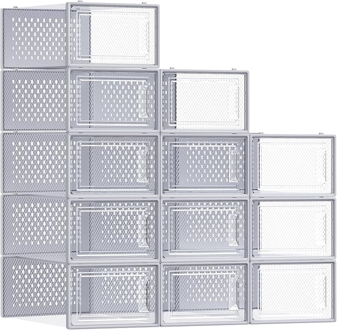 SONGMICS Shoe Boxes, Pack of 12 Shoe Storage Organizers, Stackable Clear Plastic Boxes for Closet, Sneakers, 13.1 x 9.1 x 5.6 Inches, Transparent and Gray ULSP006G12 by Unknown