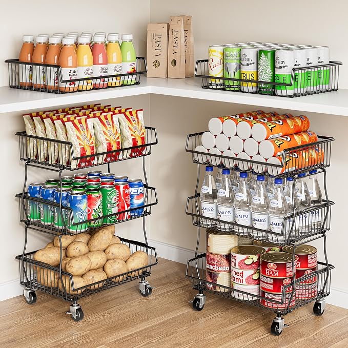 OKZEST Pantry Organizers and Storage Cart with Upgraded Metal Hub Casters | Fits under pantry shelf, Stackable fine-mesh wire baskets, 3-Tier rolling cart holds drink, snack, can, potato, onion, fruit by OKZEST