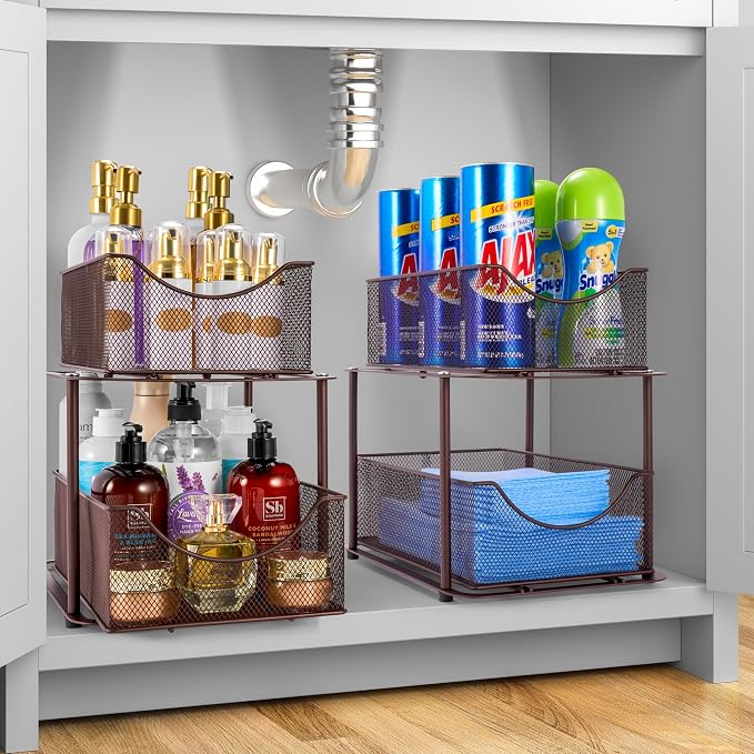 Sorbus 2 Sets of 2 Tier Metal Under Sink Organizer for Bathroom, Kitchen, Strong Steel Mesh Sliding Drawers for Under Sink, Under Cabinet, Closet, Kitchen, Pantry, Bathroom Organizers and Storage - Image 2