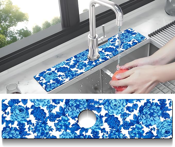 Kitchen Sink Splash Guard Faucet Mat Super Absorbent Fast Drying Mat Sink Gadgets Splash Guard Behind Faucet Drip Catcher for Kitchen (Blue Flowers, 23.5x5.5in) - Image 2