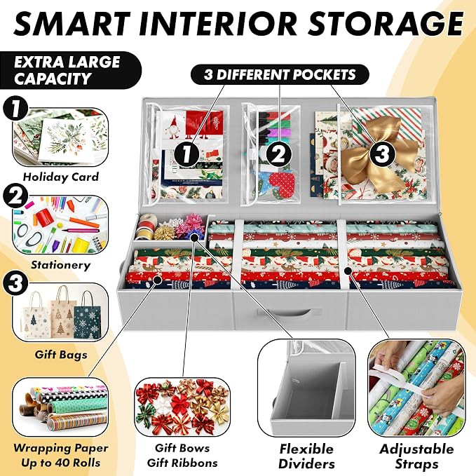 Simple Houseware 41.5" Wrapping Paper Organizer, Fits 40 Rolls, Gray | Adjustable Straps, Interior Divider for Ribbons & Bows, 3 Clear Pockets for Gift Bags & Tools, 41.5"L x 16"W - Image 4
