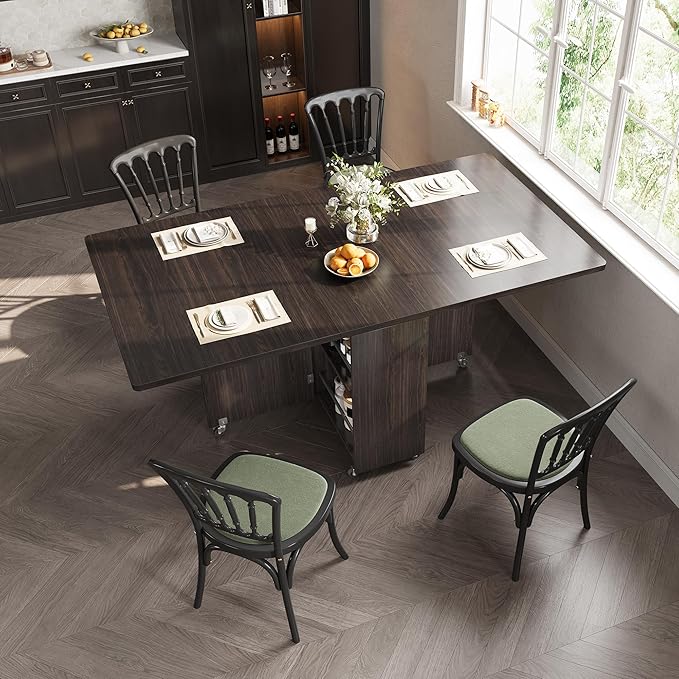 Jocoevol Space Saving Folding Dining Table for 4, Foldable Dining Table with Drawer and Storage Shelf, 6 Wheels Drop Leaf Kitchen Dining Room Table for Small Space (Walnut, 47.2" x 23.6" x 29.9") - Image 3