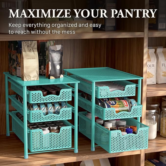 Simple Houseware Stackable 3 Tier Sliding Basket Organizer Drawer, Turquoise (Pack of 2) - Image 7