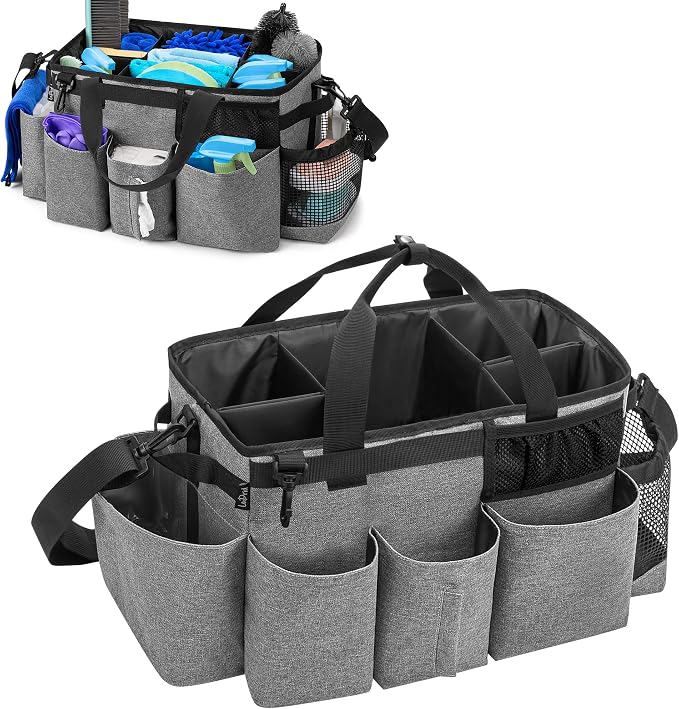 LoDrid Wearable Cleaning Caddy Bag with 4 Foldable Dividers, Grey | Cleaning Supply Organizer with Shoulder Strap and Side Handles for Cleaners & Housekeepers by LoDridDirect