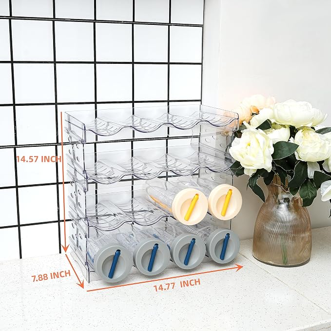 Plastic Stackable Bottle Storage Holder Rack Holds 16 Bottles,Free-Standing Water Bottle/Wine and Drink Organizer Shelf for Kitchen Cabinet,Fridge,Countertop,Pantry,Freezer,4 PackX4 Bottles,Clear - Image 3