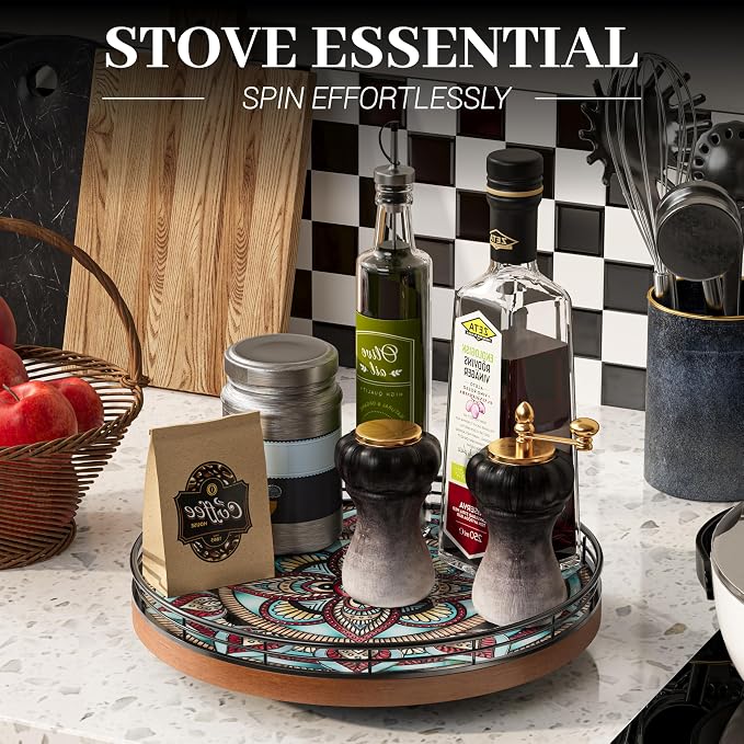 10.2-Inch Boho Lazy Susan with Oak Base and 3D Textured Ceramic Tile | Rotating tray with raised boho ceramic texture, oak base and walnut finish for dining tables, counters and coffee bars. - Image 3