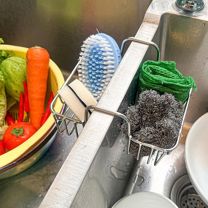 BuleVina Stainless Steel Sponge Holder for Kitchen Sink - Never Rust Hanging Saddle Double for Soap Kitchen Sink Caddy 2.2 inch, Rustproof Organizer for Dishwashing and Brush Drying - Image 6