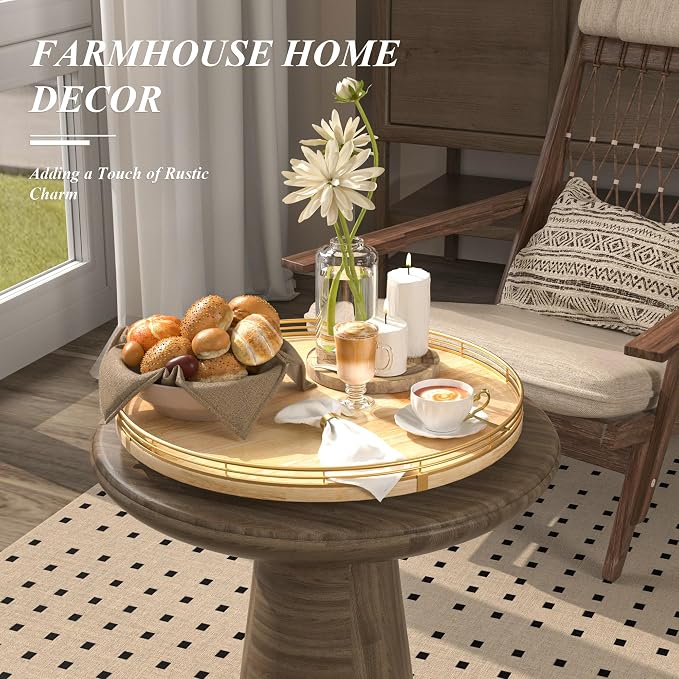 AMH16-Inch Rustic Lazy Susan with Solid Oak Base and Black Iron Rail | Smooth rotating oak tray with walnut finish for dining tables, kitchen counters, pantries and cabinet storage. - Image 4
