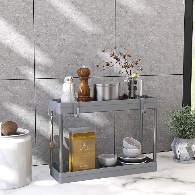 Simple Houseware 2-Tier Under Sink Organizer Storage Tray with Hooks, Grey - Image 4