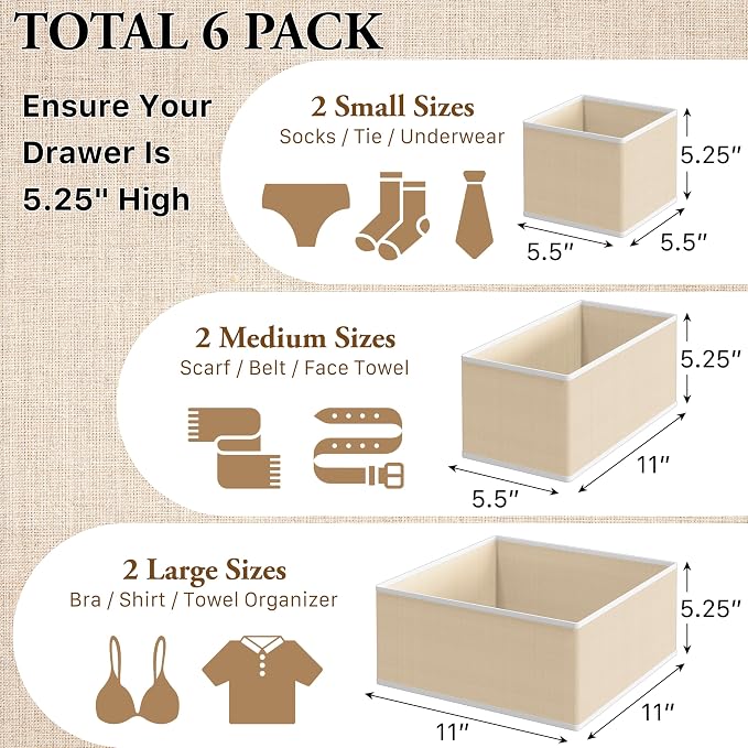 Simple Houseware Underwear Drawer Organizer, Set of 6, Beige | for Lingerie/Undergarment/Bra/Panty/Sock/Onesie - Image 2