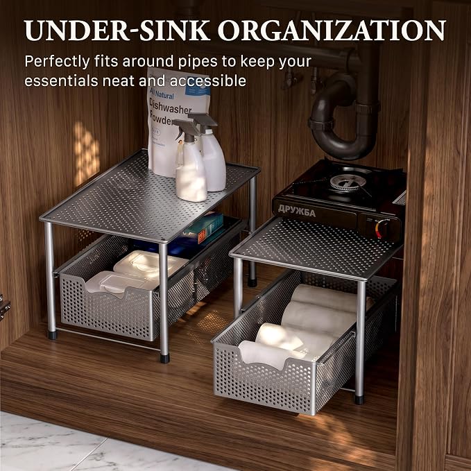 Simple Houseware Stackable Under Sink Sliding Basket Drawer, Silver | Perforated Free Standing Organizer, Kitchen/Pantry/Cabinet/Counter - Image 6
