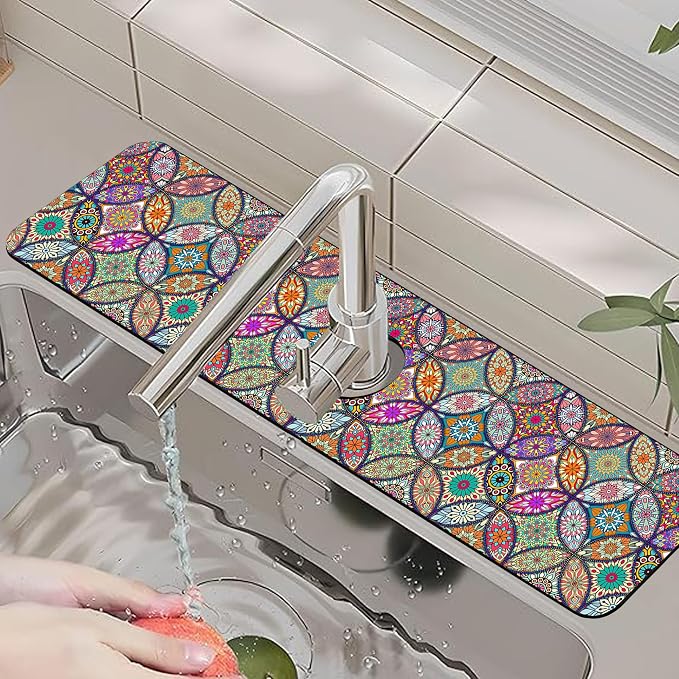 Kitchen Faucet Mat Islam Mandala Floral Flower Sink Splash Guard Behind Faucet Draining Mat Kitchen Accessories Non-slip Easy to Clean for Bathroom & Kitchen 24"X5.5" - Image 6