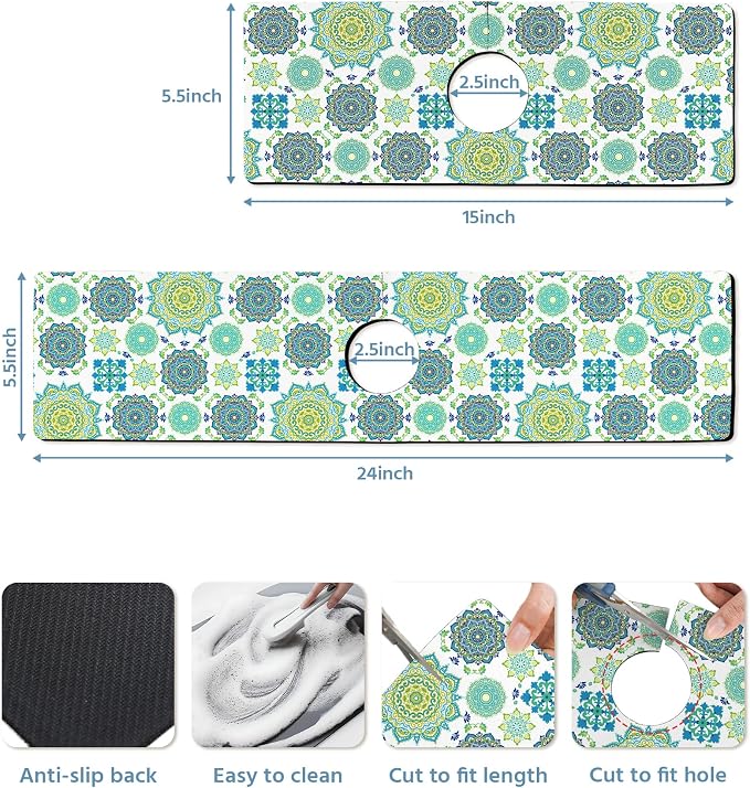 Patterned Sink Faucet Mat Kitchen Splash Guard Super Absorbent Drying Mat, Non-Slip Drain Pad for Kitchen Counter or Bathroom-24x5.5in - Image 3