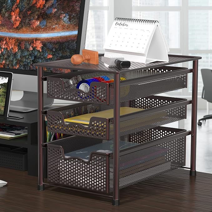 Simple Houseware Stackable 3 Tier Sliding Basket Organizer Drawer, Bronze (Pack of 2) - Image 2