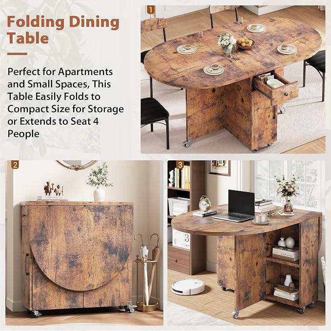 Jocoevol Round Folding Dining Table for 4, Space Saving Drop Leaf Kitchen Table with Storage Drawer, 6 Wheels Oval Gateleg Foldable Dining Table for Small Spaces(Vintage 47 * 23.6 * 30) - Image 3