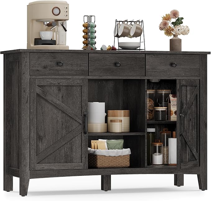VASAGLE LIRY Collection - Coffee Bar Cabinet, Kitchen Storage Cabinet with 3 Drawers, Farmhouse Sideboard with Adjustable Shelf for Kitchen, Antique Charcoal UBBK371B02V1 by Unknown