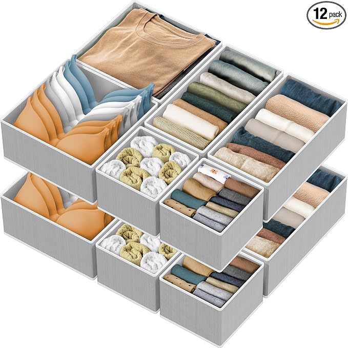 Simple Houseware Foldable Drawer Organizer Stocking Bin, Set of 12, Gray | Fabric Storage Bins for Clothes, Underwear, Bra, Panty, Socks, Onesies – Closet & Dresser Dividers for Home by SimpleHouseware