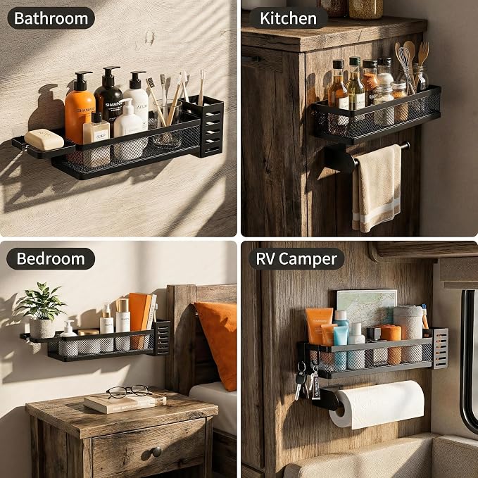 PUSDON 5-in-1 Wide Wall Mount Wrapped Mesh Kitchen Organizer & Shower Caddy Kit, with Paper Towel Holder, Utensil Holder, Soap Dish, Heavy Duty 50LBS - Matte Black, Netting - Image 6