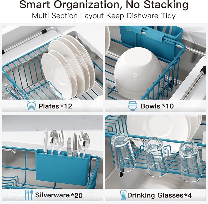 JASIWAY Blue Dish Drying Rack in Sink, Dish Drainer with Utensil Holder | Over The Sink Expandable Stainless Steel Strainer Dryer Rack for Small Kitchen, Counter Space Saving, Fast Drain, Rustproof - Image 6