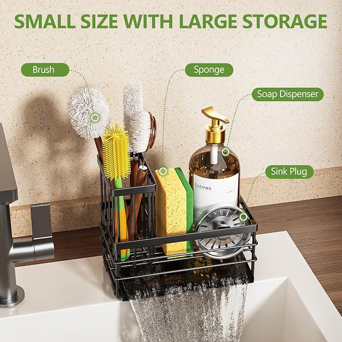 Cisily Sink Caddy Sponge Holder for Kitchen with Brush Holder and Stainless Steel Self Drain Tray, Rustproof Kitchen Sink Organizer for Sponge, Soap Dispenser Storage Accessories - Image 5