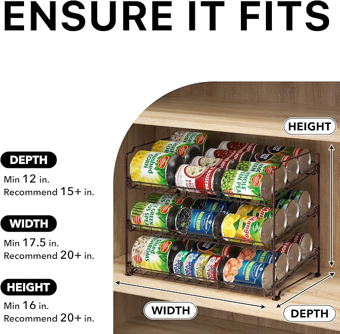 Simple Houseware 3-Tier Stackable Can Organizer Rack Hold 36 Cans, Bronze | Can Food Storage Dispenser for Pantry/Cabinet, Adjustable Dividers – 11.5" D x 17" W x 13.75" H - Image 4