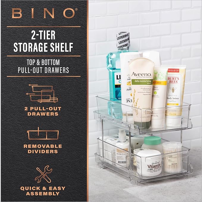 BINO 2 Tier Clear Storage Organizer with Dividers | Slide Out Drawer for Under Sink or Medicine Cabinet | Bathroom Closet, Vanity, Pantry Organizer | Under Cabinet Storage for Bathroom and Kitchen - Image 3