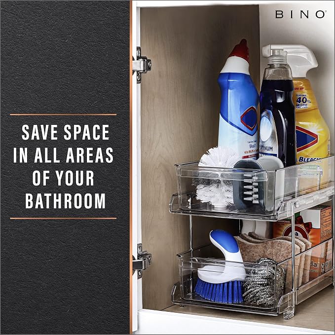 BINO 2 Tier Clear Storage Organizer with Dividers | Slide Out Drawer for Under Sink or Medicine Cabinet | Bathroom Closet, Vanity, Pantry Organizer | Under Cabinet Storage for Bathroom and Kitchen - Image 7