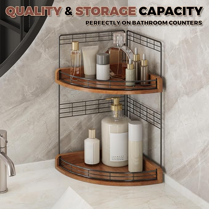 Bathroom Countertop Corner Organizer for Small Spaces, 2-Tier Counter Shelf | Oak Wood & Iron, Fan-Shaped Counter Shelf for Sink & Vanity Corners, Skincare, Toiletries, Compact Vertical Storage, Walnut - Image 3